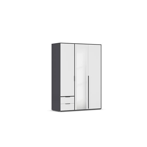 Rauch Möbel Nagata, Drehtürenschrank, Kleiderschrank, Kleiderschränke, Garderobe, 3-türig, 1 Spiegeltüre, 2 Schubladen, Spiegel/Glas teilaufgelegt, Farbe Weiß/Grau metallic, Schwarz, 140x194x53cm von Rauch Möbel