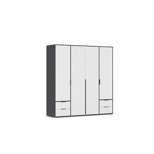 Rauch Möbel Nagata, Drehtürenschrank, Kleiderschrank, Kleiderschränke, Garderobe, 4-türig, 4 Schubladen, Farbe Weiß/Grau metallic, Schwarz, 187x194x53cm von Rauch Möbel