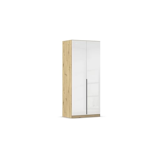 Rauch Möbel Alabama, Kleiderschrank, Garderobe, 2-türig, Zubehör Premium, 1 Kleiderstange, 2 Einlegeböden, Schubladeneinsatz, Farbe Hochglanz Weiß/Eiche Artisan, Griff Grau metallic, 91x210x54cm von Rauch Möbel