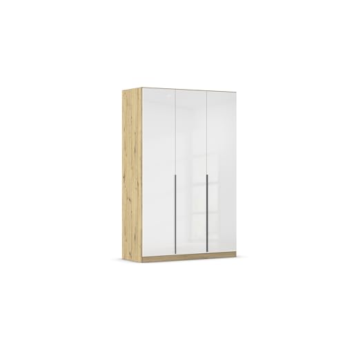 Rauch Möbel Alabama, Kleiderschrank, Garderobenschrank, 3-türig, Zubehör Basic, 2 Kleiderstangen, 2 Einlegeböden, Farbe Hochglanz Weiß/Eiche Artisan, Holz, Griff Grau metallic, 136x210x54cm von Rauch Möbel