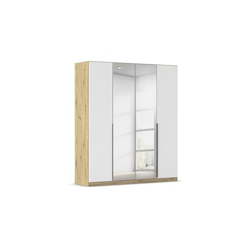 Rauch Möbel Alabama, Kleiderschrank, Garderobenschrank, 4-türig, Spiegel, Zubehör Basic, 2 Kleiderstangen, 2 Einlegeböden, Farbe Weiß/Eiche Artisan, Holz, Griff Grau metallic, 181x210x54cm von Rauch Möbel