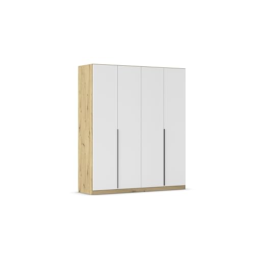 Rauch Möbel Alabama, Kleiderschrank, Garderobenschrank, 4-türig, Zubehör Basic, 2 Kleiderstangen, 2 Einlegeböden, Farbe Weiß/Eiche Artisan, Holz, Griff Grau metallic, 181x210x54cm von Rauch Möbel