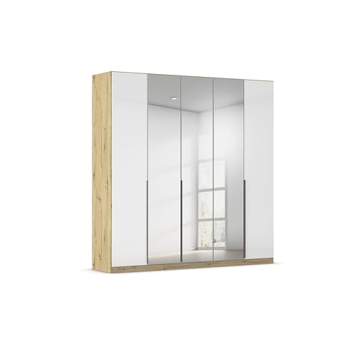Rauch Möbel Alabama, Kleiderschrank, Garderobenschrank, 5-türig, Spiegel, Zubehör Basic, 3 Kleiderstangen, 6 Einlegeböden, Farbe Hochglanz Weiß/Eiche Artisan, Holz, Griff Grau metallic, 226x229x54cm von Rauch Möbel