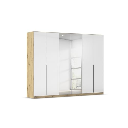 Rauch Möbel Alabama, Kleiderschrank, Garderobenschrank, 6-türig, Spiegel, Zubehör Classic, 3 Kleiderstangen, 6 Einlegeböden, Farbe Hochglanz Weiß/Eiche Artisan, Holz, Griff Grau metallic, 271x210x54cm von Rauch Möbel