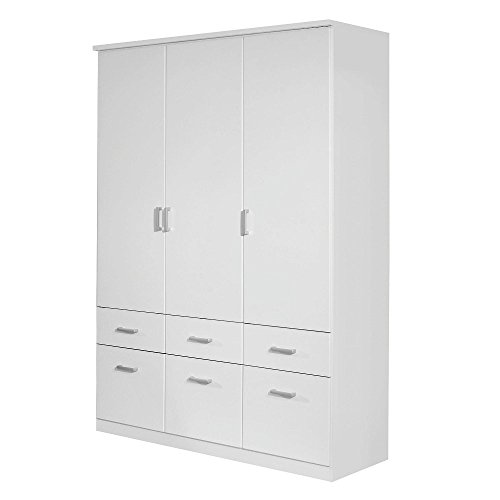 Rauch Möbel Bremen Schrank Drehtürenschrank Kleiderschrank in Weiß mit Spiegel und 6 Schubladen 3-türig, inklusive Zubehörpaket Basic 2 Kleiderstangen, 2 Einlegeböden BxHxT 136 x 199 x 58 cm von Rauch Möbel