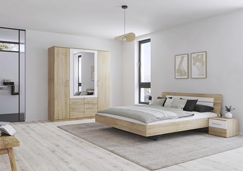 Rauch Möbel Burano Schlafzimmer, bestehend aus 1 Bett Liegefläche 180x200cm, 2 Nachttischen 40x36x40cm, 1 Schrank mit Spiegel und Kranzblende 181x212x54cm, Farbe Eiche Sonoma mit Absetzung in Weiß von Rauch Möbel