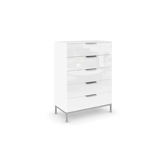 Rauch Möbel Flipp, Hochkommode mit viel Stauraum für Flur, Wohnzimmer, Schlafzimmer, mit Metallkufe chrom, Alpinweiß/Glasfront Weiß, 5 Schubkästen, Griffe chrom, 80x111x42cm Rauch Möbel Flipp, Hochkommode mit viel Stauraum für Flur, Wohnzimmer, Schlafzimmer, mit Metallkufe chrom, Alpinweiß/Glasfront Weiß, 5 Schubkästen, Griffe chrom, 80x111x42cm von Rauch Möbel