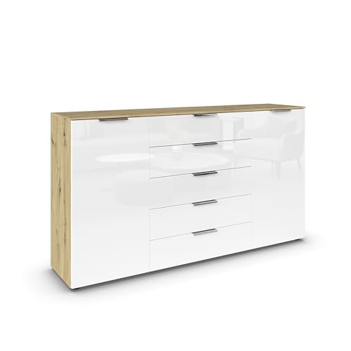 Rauch Möbel Flipp, Kombikommode, Kommode mit Stauraum für Wohnzimmer, Schlafzimmer, Flur, 4 Fachböden, Eiche Artisan/Glasfront Weiß, Holz, 2-türig, Glastüren, 5 Schubladen, Griffe chrom, 180x100x42cm Rauch Möbel Flipp, Kombikommode, Kommode mit Stauraum für Wohnzimmer, Schlafzimmer, Flur, 4 Fachböden, Eiche Artisan/Glasfront Weiß, Holz, 2-türig, Glastüren, 5 Schubladen, Griffe chrom, 180x100x42cm von Rauch Möbel
