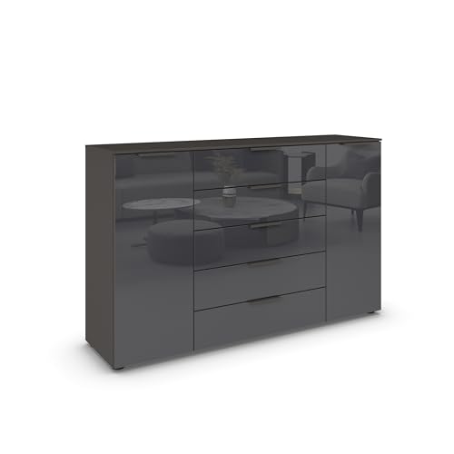 Rauch Möbel Flipp, Kombikommode, Kommode mit Stauraum für Wohnzimmer, Schlafzimmer, Flur, 4 Fachböden, Graphit/Glasfront Basalt, 2-türig, Glastüren, 5 Schubkästen, Griffe graphit, 160x100x42cm von Rauch Möbel