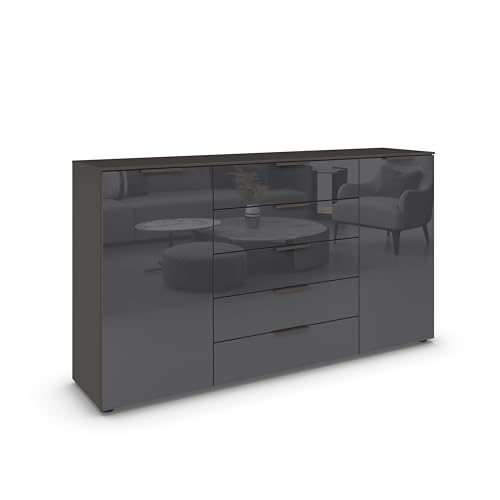 Rauch Möbel Flipp, Kombikommode, Kommode mit Stauraum für Wohnzimmer, Schlafzimmer, Flur, 4 Fachböden, Graphit/Glasfront Basalt, 2-türig, Glastüren, 5 Schubkästen, Griffe graphit, 180x100x42cm von Rauch Möbel