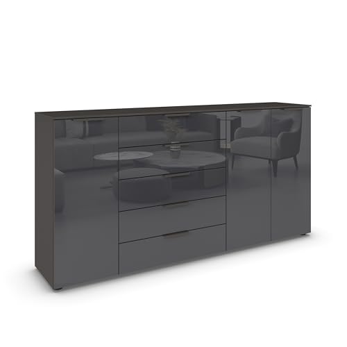 Rauch Möbel Flipp, Kombikommode, Kommode mit Stauraum für Wohnzimmer, Schlafzimmer, Flur, 4 Fachböden, Graphit/Glasfront Basalt, 3-türig, Glastüren, 5 Schubkästen, Griffe graphit, 199x100x42cm von Rauch Möbel