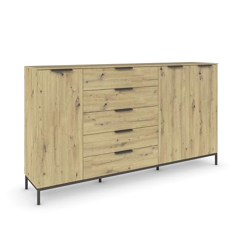 Rauch Möbel Flipp, Kombikommode, Kommode mit Stauraum für Wohnzimmer, Schlafzimmer, Flur, 4 Fachböden, mit Metallkufe graphit, Eiche Artisan, Holz, 3-türig, 5 Schubladen, Griffe graphit, 199x111x42cm Rauch Möbel Flipp, Kombikommode, Kommode mit Stauraum für Wohnzimmer, Schlafzimmer, Flur, 4 Fachböden, mit Metallkufe graphit, Eiche Artisan, Holz, 3-türig, 5 Schubladen, Griffe graphit, 199x111x42cm von Rauch Möbel