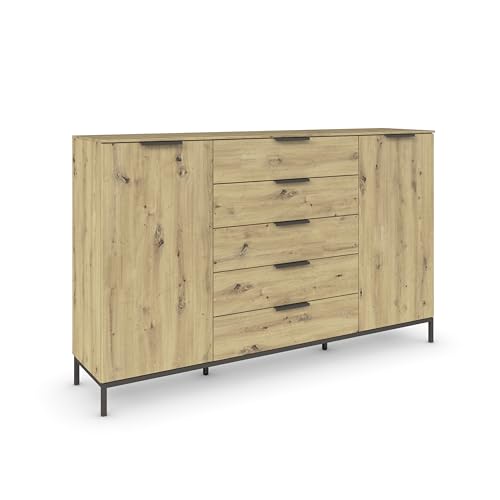 Rauch Möbel Flipp, Kombikommode, Kommode mit Stauraum für Wohnzimmer, Schlafzimmer, Flur, 4 Fachböden, mit Metallkufe graphit, Eiche Artisan, Holz, 2-türig, 5 Schubladen, Griffe graphit, 180x111x42cm Rauch Möbel Flipp, Kombikommode, Kommode mit Stauraum für Wohnzimmer, Schlafzimmer, Flur, 4 Fachböden, mit Metallkufe graphit, Eiche Artisan, Holz, 2-türig, 5 Schubladen, Griffe graphit, 180x111x42cm von Rauch Möbel