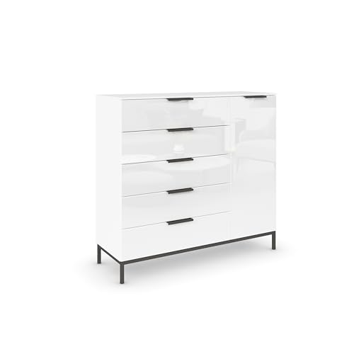 Rauch Möbel Flipp, Kombikommode, Kommode mit Stauraum für Wohnzimmer, Schlafzimmer, Flur, 2 Fachböden, Metallkufe und Griffe Graphit, Alpinweiß/Glasfront Weiß, 1-türig, 5 Schubkästen, 120x111x42cm von Rauch Möbel