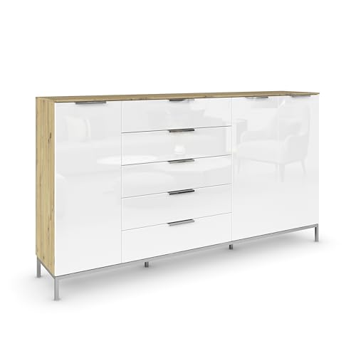 Rauch Möbel Flipp, Kommode mit Stauraum für Wohnzimmer, Schlafzimmer, 4 Böden, mit Metallkufe chrom, Eiche Artisan/Glasfront Weiß, Holz, 3-türig, Glastüren, 5 Schubladen, Griffe chrom, 199x111x42cm Rauch Möbel Flipp, Kommode mit Stauraum für Wohnzimmer, Schlafzimmer, 4 Böden, mit Metallkufe chrom, Eiche Artisan/Glasfront Weiß, Holz, 3-türig, Glastüren, 5 Schubladen, Griffe chrom, 199x111x42cm von Rauch Möbel