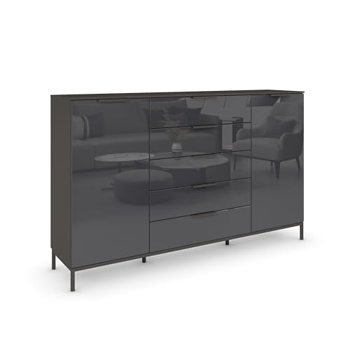 Rauch Möbel Flipp, Kommode mit Stauraum für Wohnzimmer, Schlafzimmer, 4 Fachböden, mit Metallkufe graphit, Graphit/Glasfront Basalt, 2-türig, Glastüren, 5 Schubkästen, Griffe graphit, 180x111x42cm von Rauch Möbel