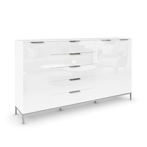 Rauch Möbel Flipp, Kommode mit Stauraum für Wohnzimmer, Schlafzimmer, Flur, 4 Fachböden, mit Metallkufe chrom, Alpinweiß/Glasfront Weiß, 3-türig, Glastüren, 5 Schubkästen, Griffe chrom, 199x111x42cm von Rauch Möbel