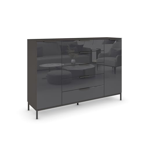 Rauch Möbel Flipp, Kommode mit Stauraum für Wohnzimmer, Schlafzimmer,4 Fachböden, mit Metallkufe graphit,Graphit/Glasfront Basalt,2-türig, Glastüren, 5 Schubkästen, Griffe graphit, 160x111x42cm von Rauch Möbel