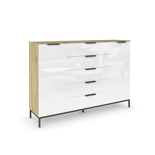 Rauch Möbel Flipp, Kommode mit Stauraum für Wohnzimmer,Schlafzimmer,4 Fachböden,mit Metallkufe graphit,Eiche Artisan/Glasfront Weiß, Holz,2-türig,Glastüren,5 Schubladen,Griffe graphit,160x111x42cm Rauch Möbel Flipp, Kommode mit Stauraum für Wohnzimmer,Schlafzimmer,4 Fachböden,mit Metallkufe graphit,Eiche Artisan/Glasfront Weiß, Holz,2-türig,Glastüren,5 Schubladen,Griffe graphit,160x111x42cm von Rauch Möbel