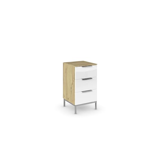Rauch Möbel Flipp, Nachttisch, Nachtkommode für Schlafzimmer, mit Metallkufe chrom, Eiche Artisan/Glasfront Weiß, Holz, 3 Schubladen, Griffe chrom, 40x72x42cm Rauch Möbel Flipp, Nachttisch, Nachtkommode für Schlafzimmer, mit Metallkufe chrom, Eiche Artisan/Glasfront Weiß, Holz, 3 Schubladen, Griffe chrom, 40x72x42cm von Rauch Möbel