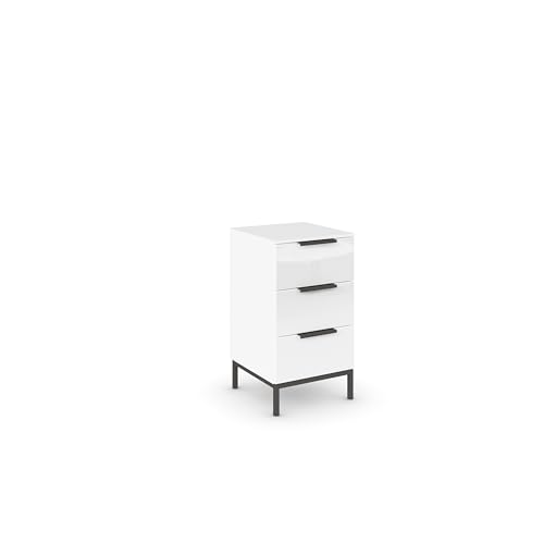 Rauch Möbel Flipp, Nachttisch, Nachtkommode für Schlafzimmer, mit Metallkufe graphit, Alpinweiß/Glasfront Weiß, 3 Schubkästen, Griffe graphit, 40x72x42cm von Rauch Möbel
