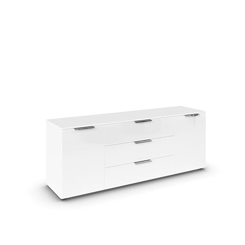 Rauch Möbel Flipp, Sideboard, TV-Schrank, Kommode mit Stauraum, Alpinweiß/Glasfront Weiß, 2-türig, Glastüren, 3 Schubkästen, Griffe chrom, 160x61x42cm von Rauch Möbel