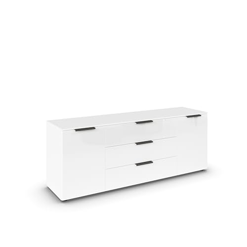 Rauch Möbel Flipp, Sideboard, TV-Schrank, Kommode mit Stauraum, Alpinweiß/Glasfront Weiß, 2-türig, Glastüren, 3 Schubkästen, Griffe graphit, 160x61x42cm von Rauch Möbel