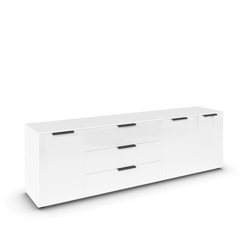 Rauch Möbel Flipp, Sideboard, TV-Schrank, Kommode mit Stauraum, Alpinweiß/Glasfront Weiß, 3-türig, Glastüren, 3 Schubkästen, Griffe graphit, 199x61x42cm von Rauch Möbel