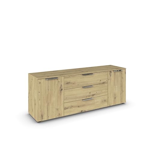 Rauch Möbel Flipp, Sideboard, TV-Schrank, Kommode mit Stauraum, Eiche Artisan, 2-türig, 3 Schubkästen, Griffe chrom, 160x61x42cm von Rauch Möbel