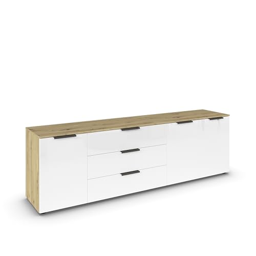 Rauch Möbel Flipp, Sideboard, TV-Schrank, Kommode mit Stauraum, Eiche Artisan/Glasfront Weiß, 3-türig, Glastüren, 3 Schubkästen, Griffe graphit, 199x61x42cm von Rauch Möbel