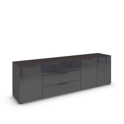 Rauch Möbel Flipp, Sideboard, TV-Schrank, Kommode mit Stauraum, Graphit/Glasfront Basalt, 3-türig, Glastüren, 3 Schubkästen, Griffe graphit, 199x61x42cm von Rauch Möbel