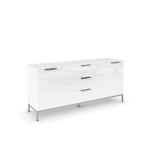 Rauch Möbel Flipp, Sideboard, TV-Schrank, Kommode mit Stauraum, mit Metallkufe chrom, Alpinweiß/Glasfront Weiß, 2-türig, Glastüren, 3 Schubkästen, Griffe chrom, 160x72x42cm von Rauch Möbel