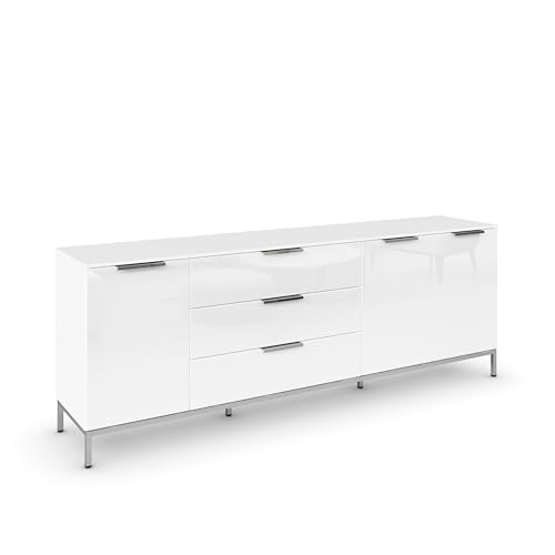 Rauch Möbel Flipp, Sideboard, TV-Schrank, Kommode mit Stauraum, mit Metallkufe chrom, Alpinweiß/Glasfront Weiß, 3-türig, Glastüren, 3 Schubkästen, Griffe chrom, 199x72x42cm von Rauch Möbel