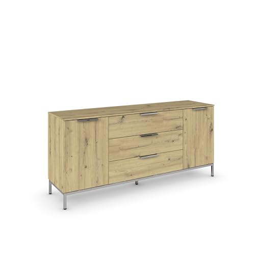 Rauch Möbel Flipp, Sideboard, TV-Schrank, Kommode mit Stauraum, mit Metallkufe chrom, Eiche Artisan, 2-türig, 3 Schubkästen, Griffe chrom, 160x72x42cm von Rauch Möbel