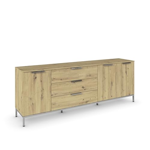 Rauch Möbel Flipp, Sideboard, TV-Schrank, Kommode mit Stauraum, mit Metallkufe chrom, Eiche Artisan, 3-türig, 3 Schubkästen, Griffe chrom, 199x72x42cm von Rauch Möbel