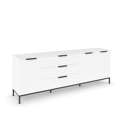 Rauch Möbel Flipp, Sideboard, TV-Schrank, Kommode mit Stauraum, mit Metallkufe graphit, Alpinweiß, 3-türig, 3 Schubkästen, Griffe graphit, 199x72x42cm von Rauch Möbel