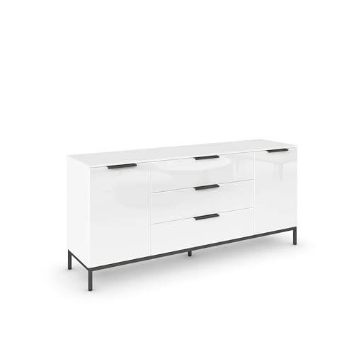 Rauch Möbel Flipp, Sideboard, TV-Schrank, Kommode mit Stauraum, mit Metallkufe graphit, Alpinweiß/Glasfront Weiß, 2-türig, Glastüren, 3 Schubkästen, Griffe graphit, 160x72x42cm von Rauch Möbel