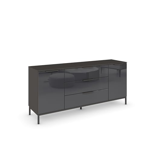 Rauch Möbel Flipp, Sideboard, TV-Schrank, Kommode mit Stauraum, mit Metallkufe graphit, Graphit/Glasfront Basalt, 2-türig, Glastüren, 3 Schubkästen, Griffe graphit, 160x72x42cm von Rauch Möbel