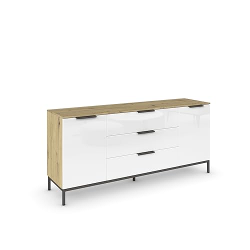 Rauch Möbel Flipp, Sideboard, TV-Schrank, Kommode mit Stauraum, mit Metallkufe graphit, Eiche Artisan/Glasfront Weiß, 2-türig, Glastüren, 3 Schubkästen, Griffe graphit, 160x72x42cm von Rauch Möbel