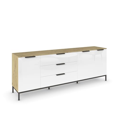 Rauch Möbel Flipp, Sideboard, TV-Schrank, Kommode mit Stauraum, mit Metallkufe graphit, Eiche Artisan/Glasfront Weiß, 3-türig, Glastüren, 3 Schubkästen, Griffe graphit, 199x72x42cm von Rauch Möbel