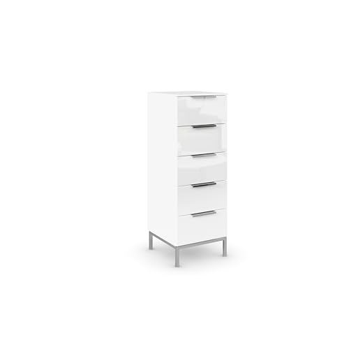 Rauch Möbel Flipp, schmale Hochkommode mit viel Stauraum für Flur, Wohnzimmer, Schlafzimmer, mit Metallkufe chrom, Alpinweiß/Glasfront Weiß, 5 Schubkästen, Griffe chrom, 40x111x42cm Rauch Möbel Flipp, schmale Hochkommode mit viel Stauraum für Flur, Wohnzimmer, Schlafzimmer, mit Metallkufe chrom, Alpinweiß/Glasfront Weiß, 5 Schubkästen, Griffe chrom, 40x111x42cm von Rauch Möbel