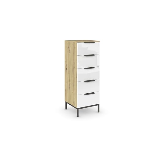 Rauch Möbel Flipp, schmale Hochkommode mit viel Stauraum für Flur, Wohnzimmer, Schlafzimmer, mit Metallkufe graphit, Eiche Artisan/Glasfront Weiß, Holz, 5 Schubladen, Griffe graphit, 40x111x42cm Rauch Möbel Flipp, schmale Hochkommode mit viel Stauraum für Flur, Wohnzimmer, Schlafzimmer, mit Metallkufe graphit, Eiche Artisan/Glasfront Weiß, Holz, 5 Schubladen, Griffe graphit, 40x111x42cm von Rauch Möbel