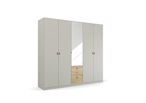 Rauch Möbel Homey by Quadra Spin Schrank Drehtürenschrank, Grau, 5-trg. mit Spiegel, inkl. 3 Kleiderstangen, 3 Einlegeböden, 2 Schubkästen, BxHxT 226x210x54 cm von Rauch Möbel