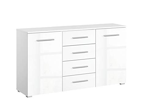 Rauch Möbel Imposa Schlafzimmer Kommode,Kommode in Hochglanz Weiß 2-türig mit 4 Schubladen inklusive Zubehörpaket Basic 2 Einlegeböden BxHxT 140 x 81 x 42 cm von Rauch Möbel