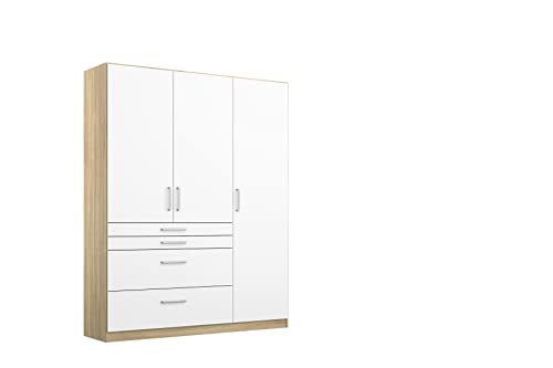 Rauch Möbel Harburg Schrank Kleiderschrank Drehtürenschrank Weiß/Eiche Sonoma 3-türig mit 4 Schubladen inklusive Zubehörpaket Basic 3 Einlegeböden, 1 Kleiderstange BxHxT 136x197x54 cm von Rauch Möbel