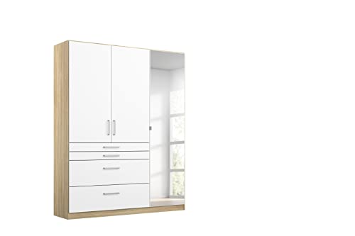 Rauch Möbel Harburg Schrank Kleiderschrank Drehtürenschrank Weiß/Eiche Sonoma 3-türig mit Spiegel und 4 Schubladen inklusive Zubehörpaket Basic 3 Einlegeböden, 1 Kleiderstange BxHxT 136x197x54 cm von Rauch Möbel