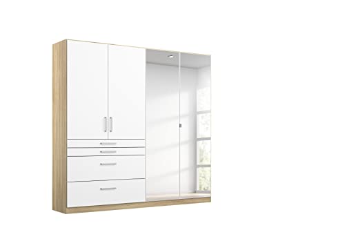 Rauch Möbel Harburg Schrank Kleiderschrank Drehtürenschrank Weiß/Eiche Sonoma 4-türig mit Spiegel und 4 Schubladen inklusive Zubehörpaket Basic 3 Einlegeböden, 1 Kleiderstange BxHxT 181x197x54 cm von Rauch Möbel