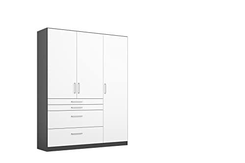 Rauch Möbel Harburg Schrank Kleiderschrank Drehtürenschrank Weiß/Graumetallic 3-türig mit 4 Schubladen inklusive Zubehörpaket Basic 3 Einlegeböden, 1 Kleiderstange BxHxT 136x197x54 cm von Rauch Möbel