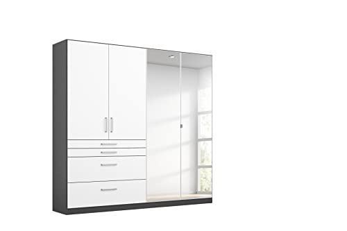 Rauch Möbel Harburg Schrank Kleiderschrank Drehtürenschrank Weiß/Graumetallic 4-türig mit Spiegel und 4 Schubladen inklusive Zubehörpaket Basic 3 Einlegeböden, 1 Kleiderstange BxHxT 181x197x54 cm von Rauch Möbel