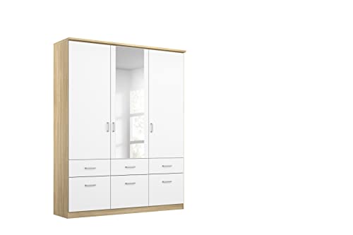 Rauch Möbel Bremen Schrank Drehtürenschrank Kleiderschrank Weiß / Eiche Sonoma, Spiegel und 6 Schubladen 3-türig, inkl. Zubehörpaket Basic 2 Kleiderstangen, 2 Einlegeböden BxHxT 136x199x58 cm von Rauch Möbel